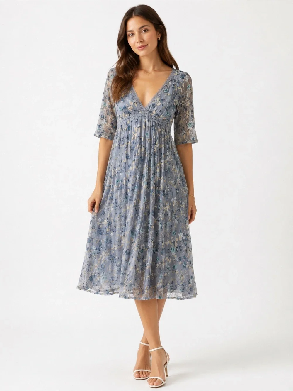 Vintage Y2K Blue Floral Embroidered Mesh Midi Dress Sz M Cottagecore Fairycore - Picture 1 of 11
